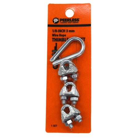 1/8" Wire Rope Thimble and Clip Set, Steel, Zinc-Plated, Peerless Chain Company, #4718638, 4 Pieces
