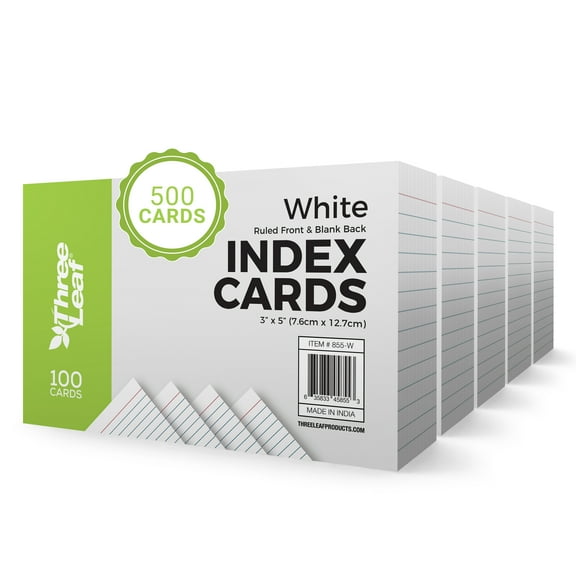 THREE LEAF 3 X 5, INDEX CARDS RULED, 500 CT. (100 x 5) WHITE, Ruled Flash Cards, Study Card, Memo Pad, For To-Do List, Art And Craft Projects