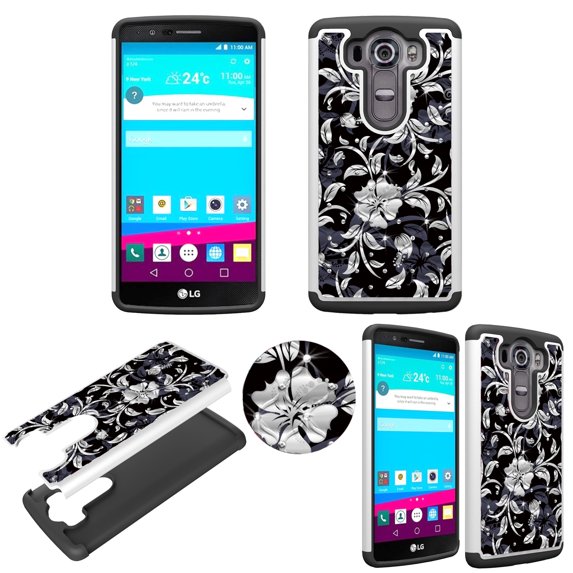 Hybrid White Flower Black Crystal Diamond for LG V10 VS990 Ultra Shock Proof Lightweight Case Drop Protective TPU+PC Bling Case Shock Absorb Enhanced Bumper Dual Layer Designer Rhineston Shield