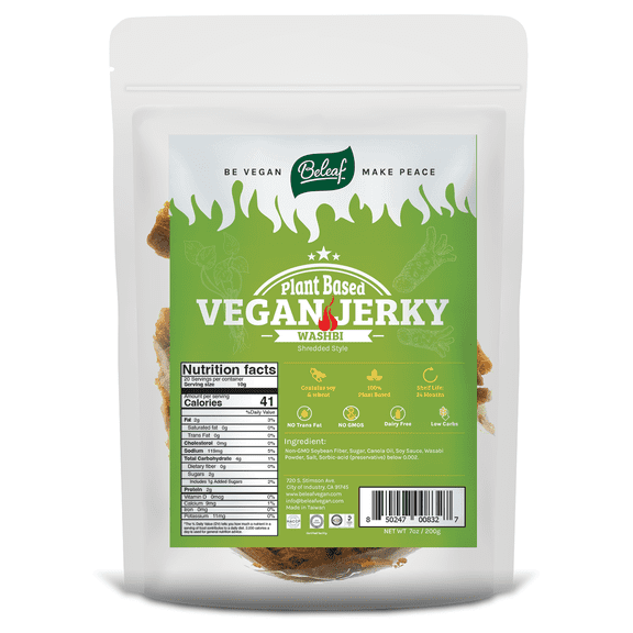 BELEAF Wasabi Vegan Jerky | Wasabi Hot Meat-like Plant-Based Jerky | Delicious Meat Substitute | Low Carb, Non-GMO, Dairy Free, Plant Protein | Natural Ingredients | Spicy Healthy Snack | 7 oz