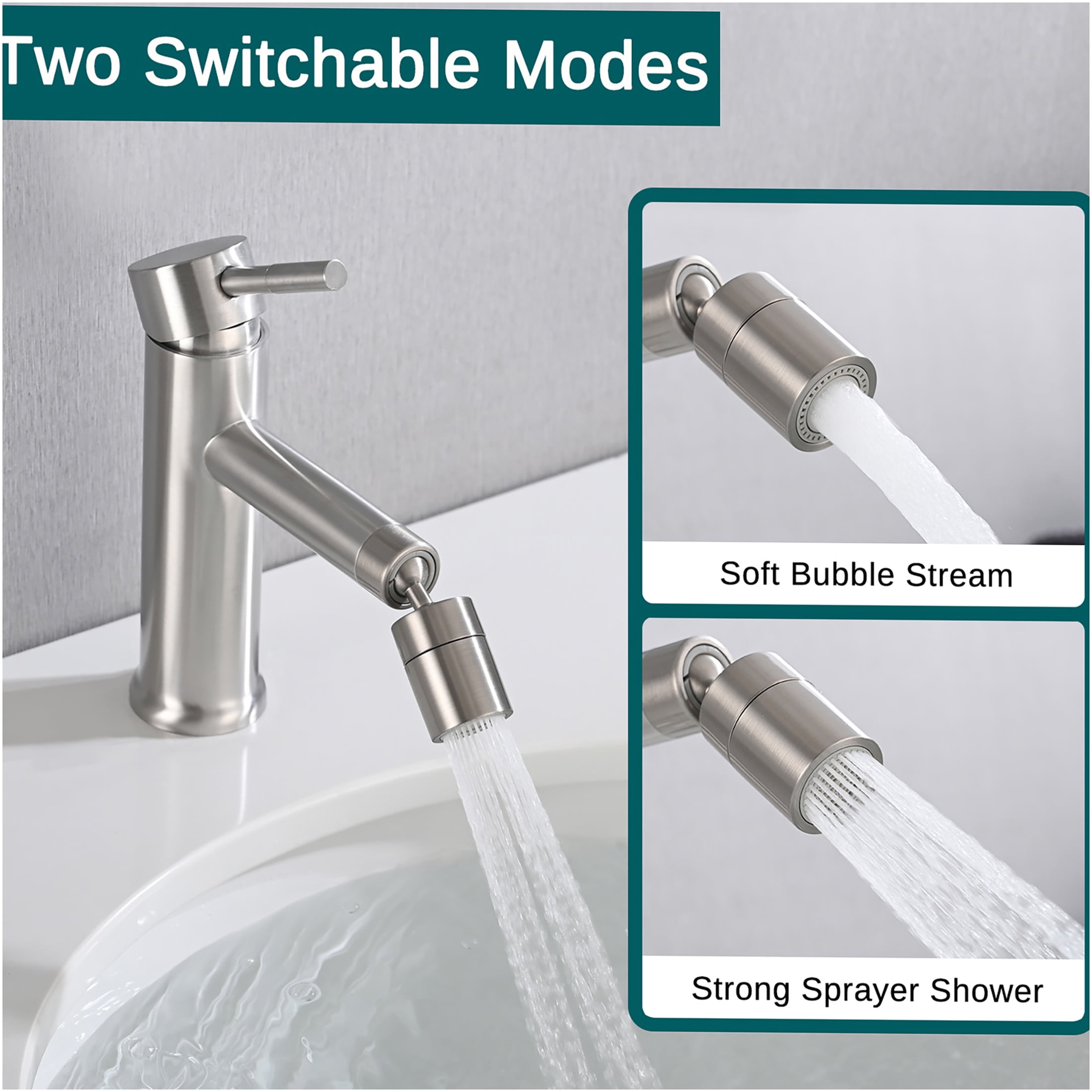 JERFIT Single Handle Bathroom Sink Faucet, Brushed Nickel 1-Hole Deck Mount Vessel Lavatory Faucet with 360° Swivel Spout and 2 Water Flow Modes