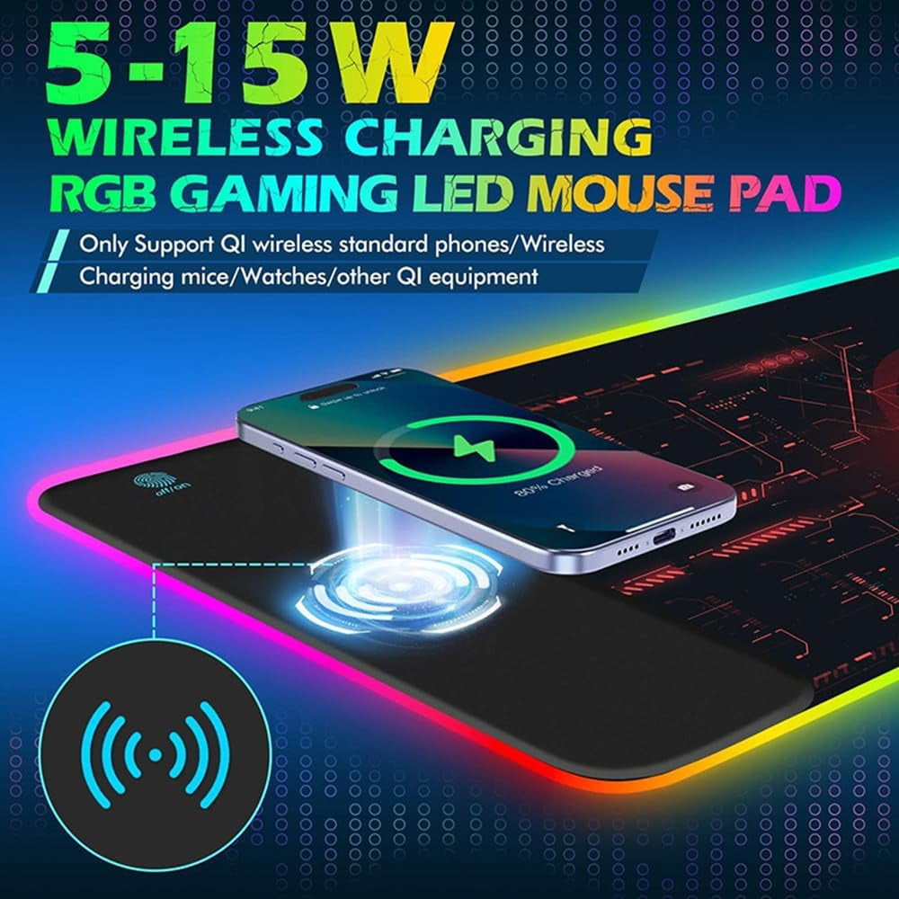 KOMI Wireless Charging RGB Gaming Mouse Pad,800x300x4MM,15W LED Large Mouse Mat,10 Light Modes Mousepad,Non-Slip Rubber Base,Keyboard Mat,Desk Mat for Gaming, MacBook,PC,Laptop,Desk