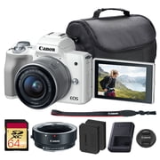 Canon EOS M50 Mirrorless Camera with 15-45mm Lens (White) | 24.1MP APS-C Sensor, Dual Pixel CMOS AF, 4K Video & Vari-Angle Touchscreen | For Vlogging & Content (2681C011) + EF-M Lens Adapter + More