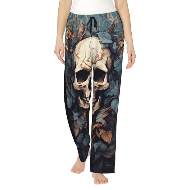 Fotbe Vintage Leaf Flower Skull Pantalones de Pijama para Mujer, Pantalones de Dormir, Pantalones Pj con Cordón y Bolsillos-X-Large