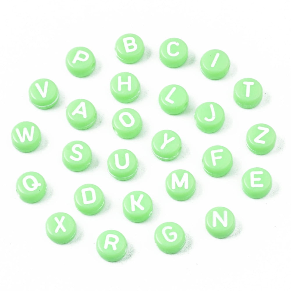 500 g Opaque Acrylic Beads Horizontal Hole Mixed Letters Flat Round with Letter Random Letters Pale Green 7x4mm Hole: 1.5mm 3700pcs/500g