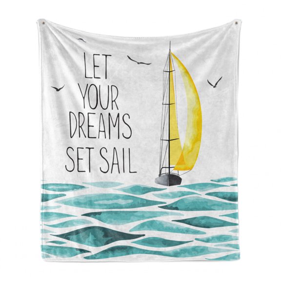 Sailboat Soft Flannel Fleece Throw Blanket, Let Your Dreams Set Sail Message Ogee Patterned Watercolored Waves, Cozy Plush for Indoor and Outdoor Use, 70" x 90", Sky Blue Yellow, by Ambesonne