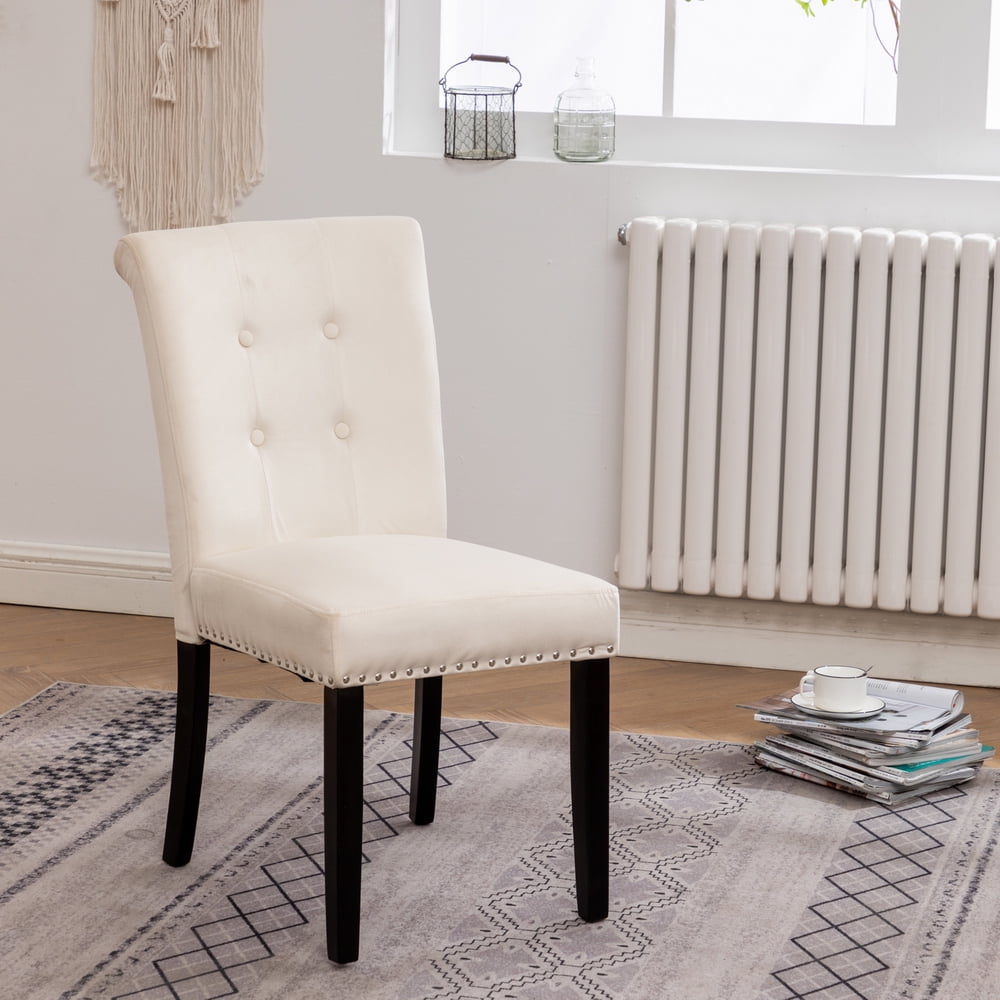 Set of 2 Beige Tufted Dining Chairs, Upholstered Nail Head Trimming