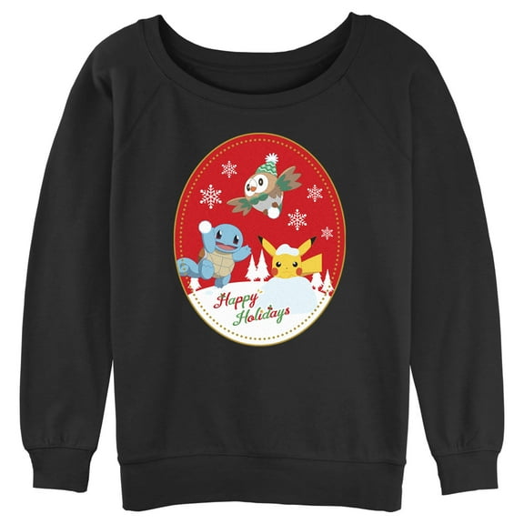 Junior's Pokemon Christmas Happy Holidays Patch  Sweatshirt Black Medium