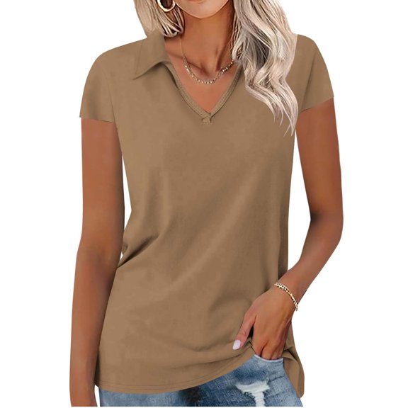Womens Tops Women's Casual Solid Color Short Sleeved Neck Top Blouse Tops for Women Trendy Summer Khaki L