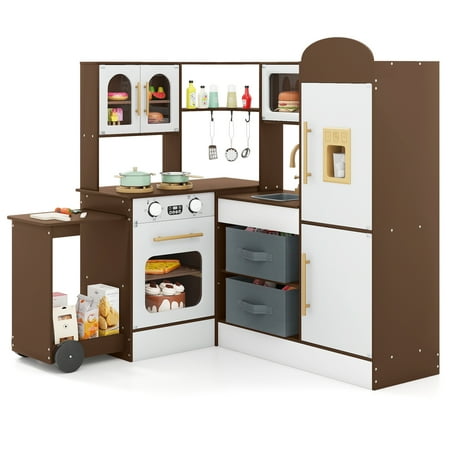 OLAKIDS Corner Kids Kitchen, Wooden Pretend Playset with Telescopic Cart Realistic Lights Sounds Ice Maker Fabric Drawers Microwave Oven, Toddler Cooking Toy Gift for Boys Girls Aged 3+