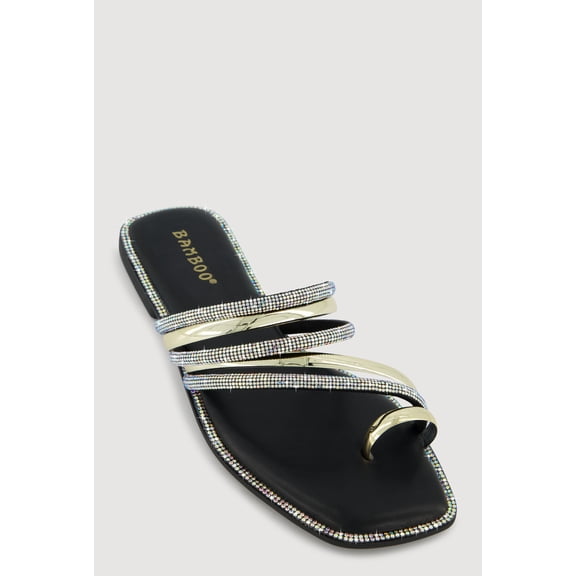 Women's Asymmetrical Metallic Rhinestone Strappy Toe Loop Sandals