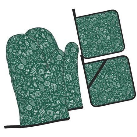 

Pofeuu Green Christmas Print Oven Mitts and Pot Holders 4 pcs Set High Heat Resistant 500 Degree Extra Thicken Long Kitchen Cotton Oven Glove for Cooking