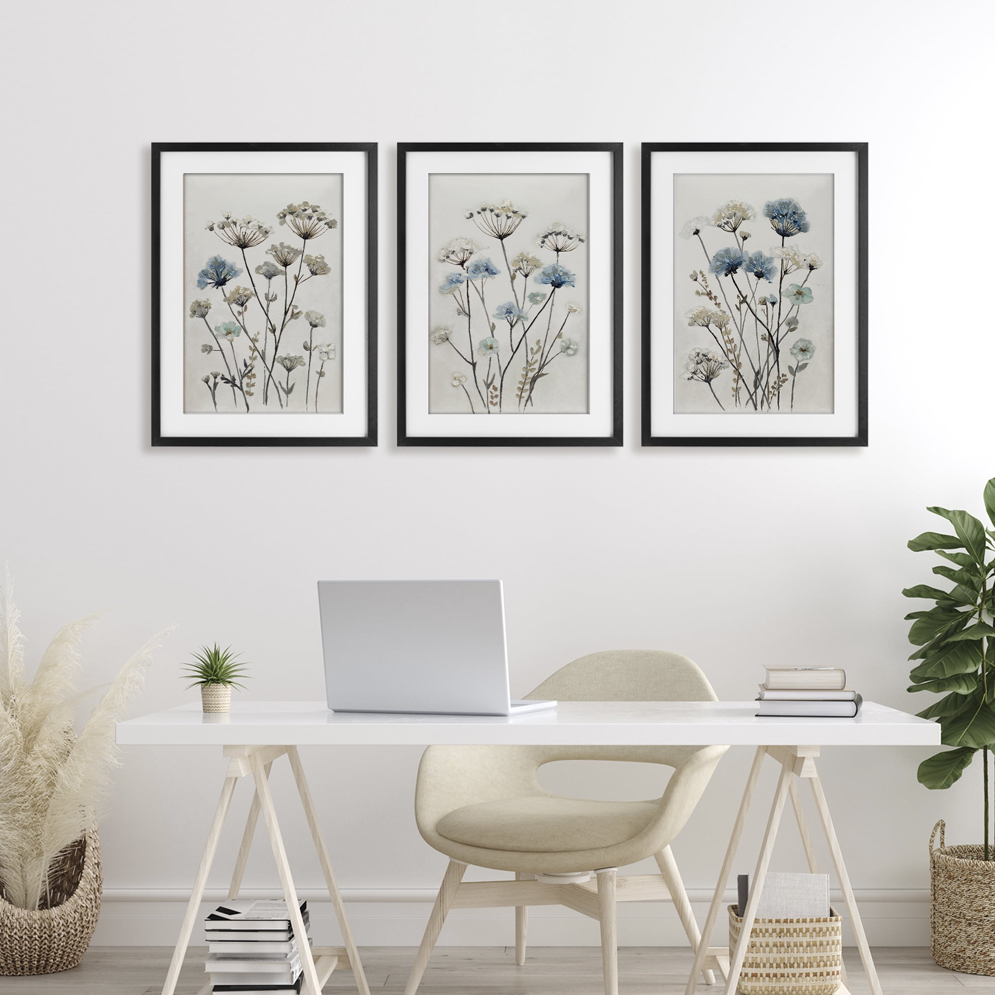 Stupell Industries Neutral & Blue Garden 3 Piece Black Framed Print Under Glass Set, design by Patricia Pinto