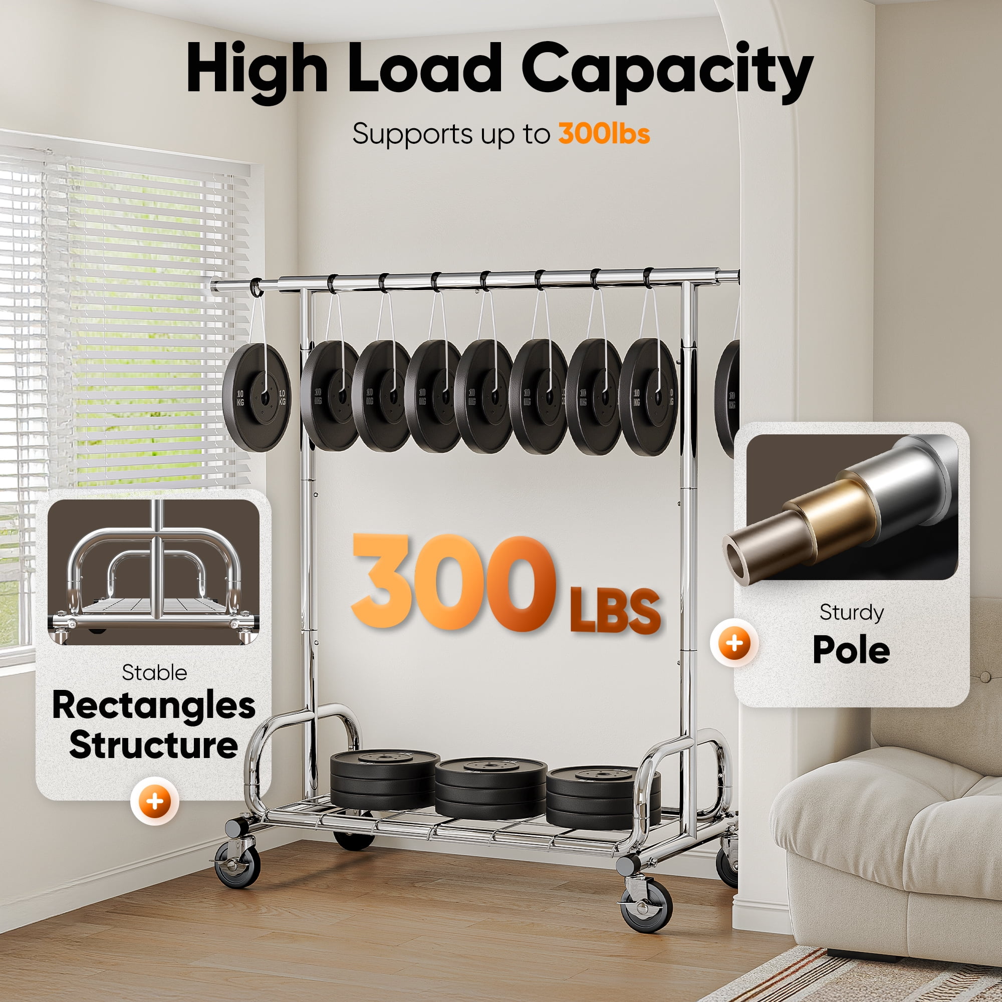 HOKEEPER Heavy Duty Clothing Rack with Shelves 300 lbs Capacity, Commercial Grade Rolling Garment Rack with Wheels, Compact Steel Clothes Rack for Small Spaces, Silver