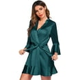 thumbnail image 3 of Women Satin Robe Ruffle Hem Kimono Short Robes V-Neck Pure Color Bridesmaid Wedding Party Bathrobe Dressing Gown, 3 of 9
