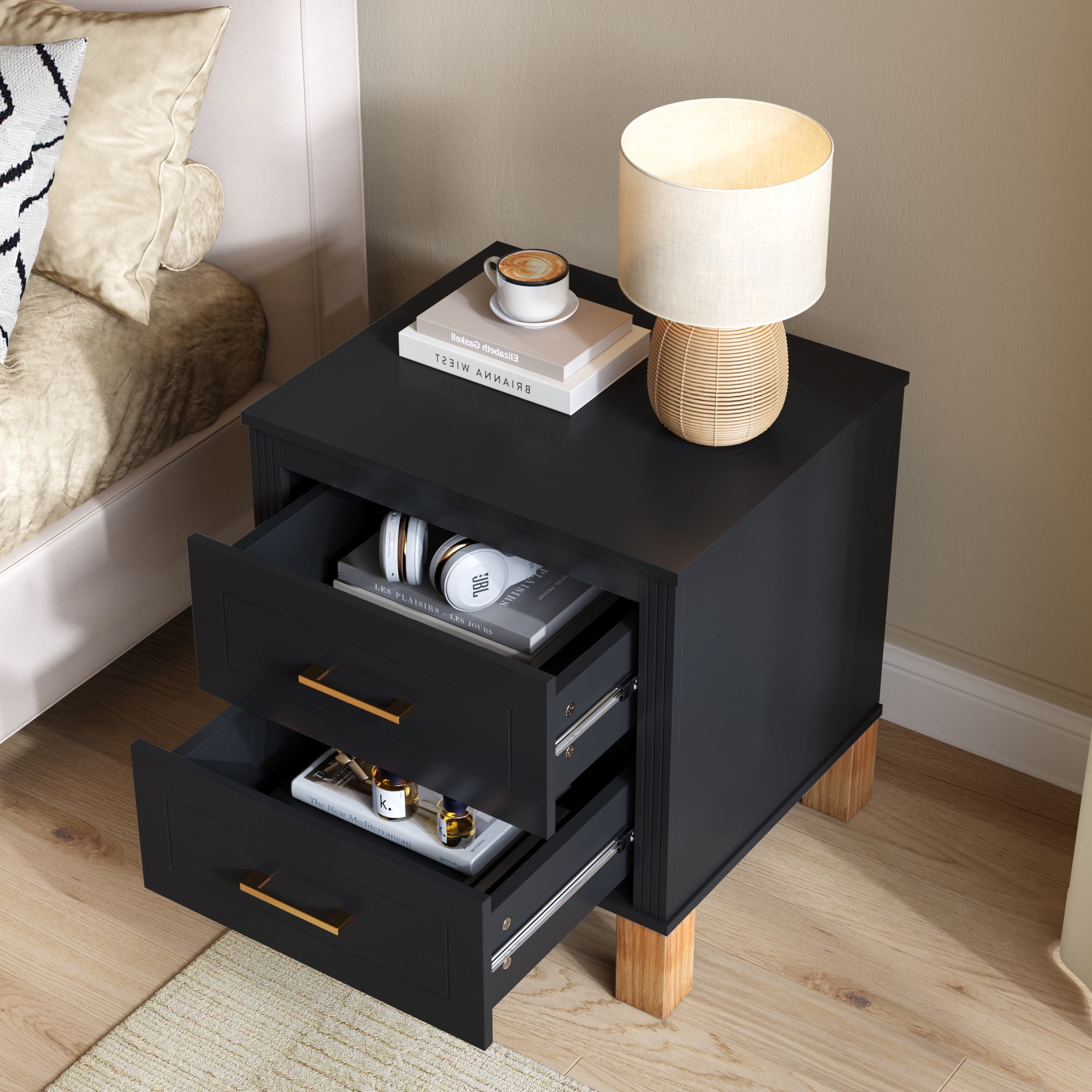 2 Drawer Nightstand, Fluted Design Bedside Table with Solid Wood Legs & Metal Handles, MDF Frame Storage Cabinet, Tall End Table for Bedroom Living Room