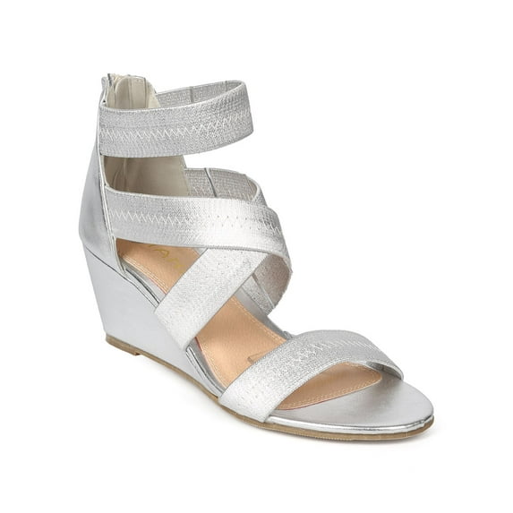 Liliana EK91 Women Metallic Open Toe Criss Cross Elastic Low Wedge Sandal