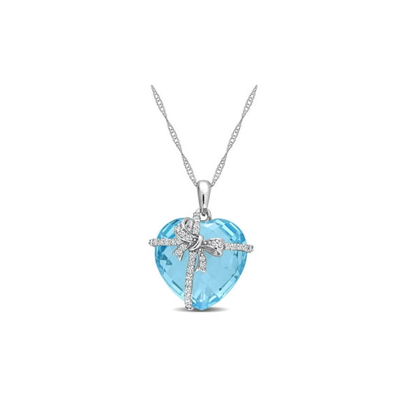 14.50 Carat (Ctw) Blue Topaz Heart Pendant Necklace in 10K White Gold with Chain with Diamonds