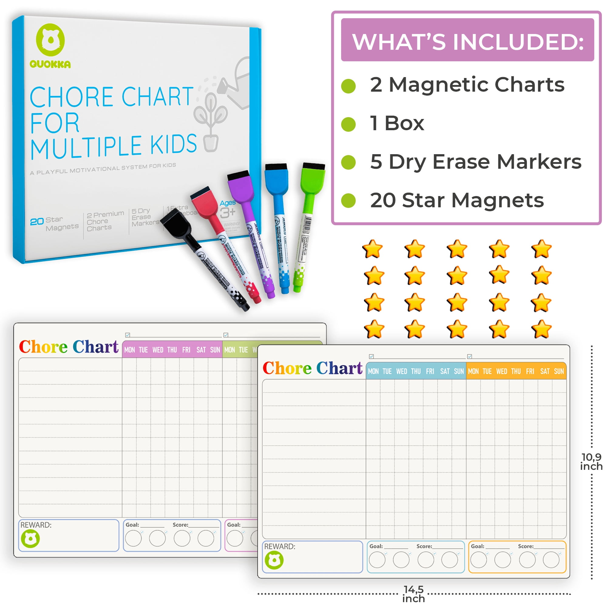 Quokka Magnetic Behavior Chore Chart for Multiple Kids, Multicolor 17x13 - Dry Erase Wall Chart 2 Set