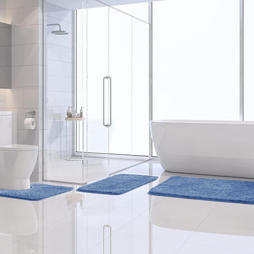 Blue Bathroom Rugs Set 2 Piece Soft Absorbent Microfiber Bath Mat Non Slip Quick Dry Machine Washable Plush Shaggy Mats for Tub Shower Floor 16x24 inches