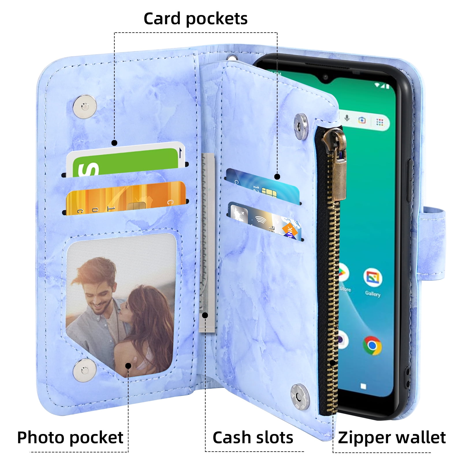 Asuwish Compatible with Hot Pepper Chilaca Wallet Phone Case Tempered Glass Screen Protector Marble Faux Leather Flip Credit Card Holder Stand Zipper Cell Cover for HPPL60A HPP-L60A 6.5 Women Blue