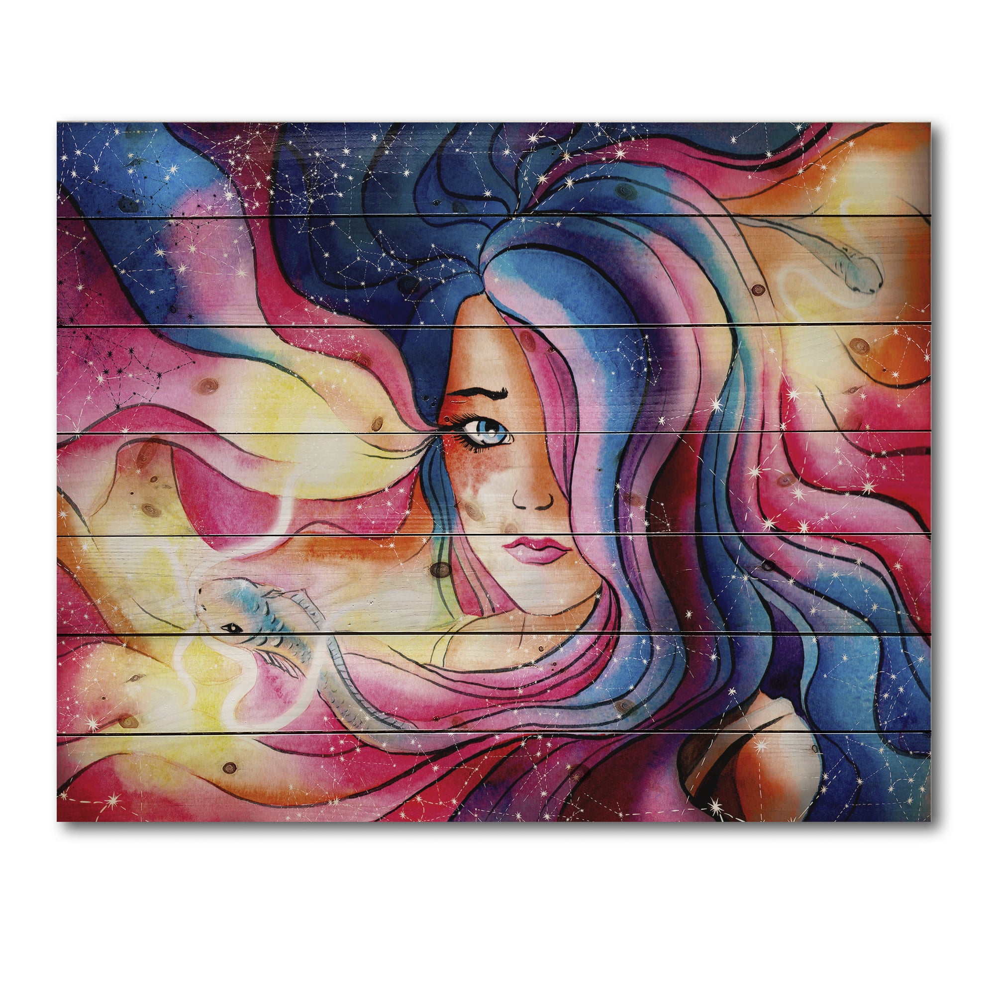 Designart 'The Girl Portrait With The Glowing Hair' Modern Print on Natural Pine Wood