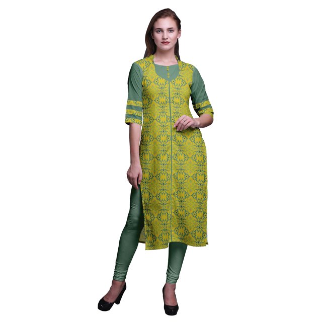 Bimba Kurta Droite Imprimée Indienne en Rayonne Slub Robe Tunique à Manches 3/4 pour Femmes