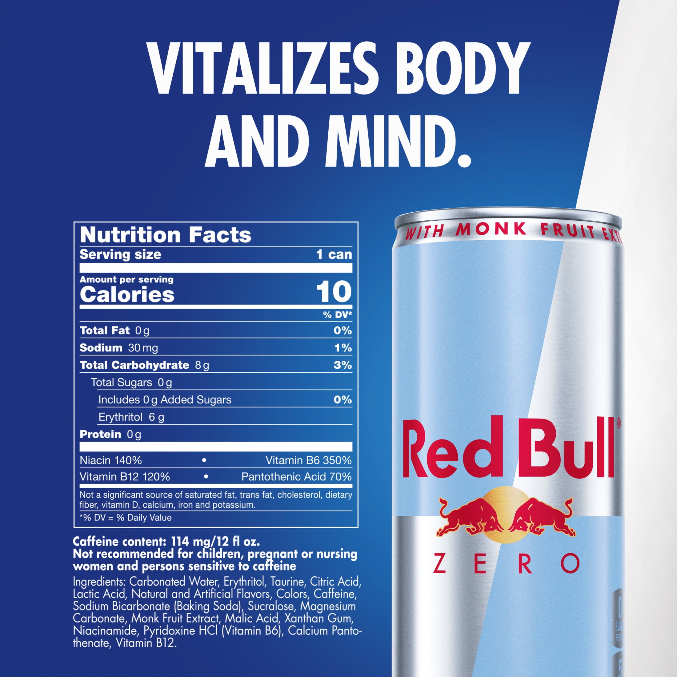 Red Bull Zero Energy Drink, 12 fl. oz., Pack of 4 Cans, 114mg Caffeine, Taurine & B Vitamins