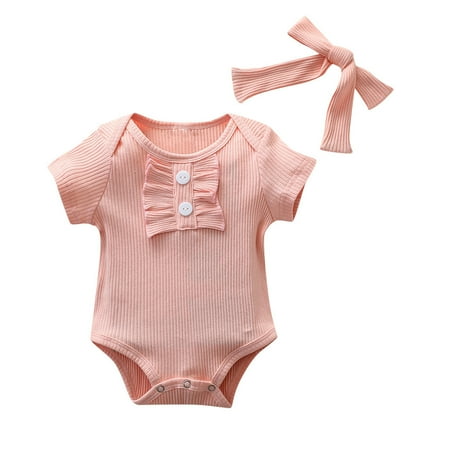 

Zlekejiko Baby Girls Ruffle Solid Romper Bodysuit Headband Summer Outfits