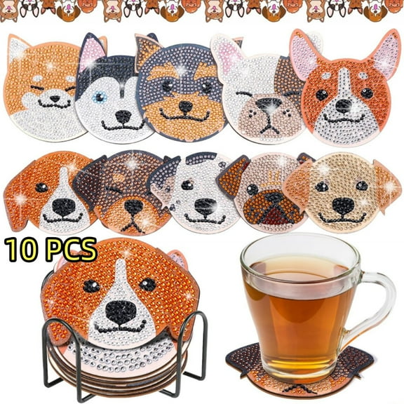 10 Pcs Dog Shaped Diamond Painting Coasters Kits DIY Pet Dog with Holder for Beginners Adults and Kids Art Craft Supplies Gift