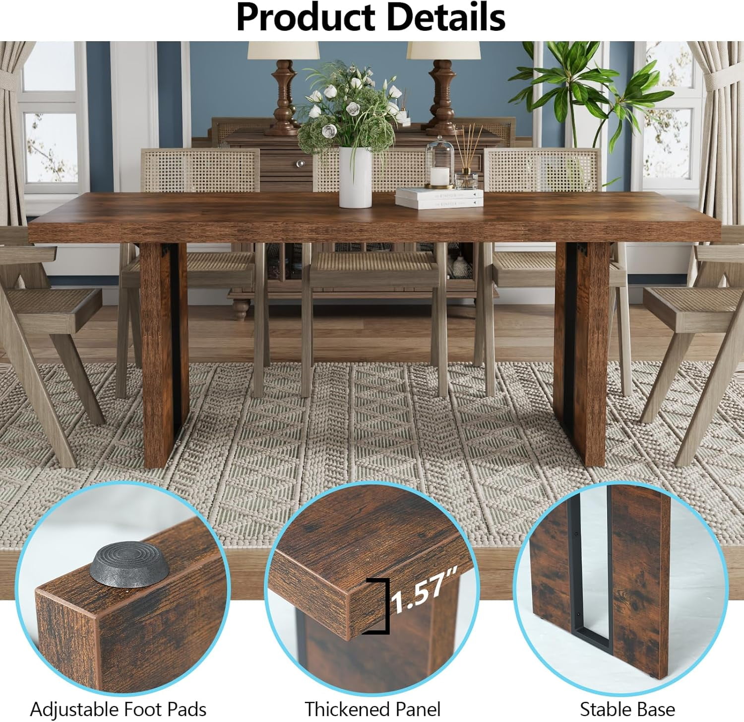 71" Rustic Farmhouse Dining Table for 6-8 People, Rectangular Thick Wood Kitchen Table with Heavy Duty Legs, Large Dinner Table for Dining Room, Kitchen, or Home (Rustic Finish)