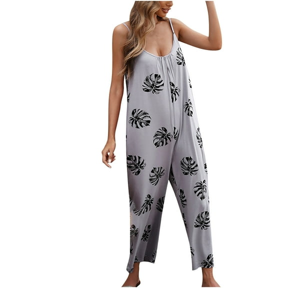 clear 50% off Usmixi Jumpsuits for Women Beach Holiday Plus Size Fashion Spaghetti Strap Wide Leg Pocket Long Jumpsuits Overalls Summer Formal Leaves Print Crewneck Sleeveless Maxi Rompers Gray xxxxxl