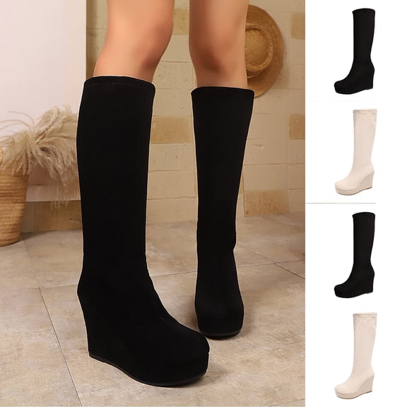 YTCAMLO Chunky Sole Women's Wedge Boots Casual Fashion Knee High Tall Boots Round Toe Warm Fall Winter Dress Boots for Going out, Dress