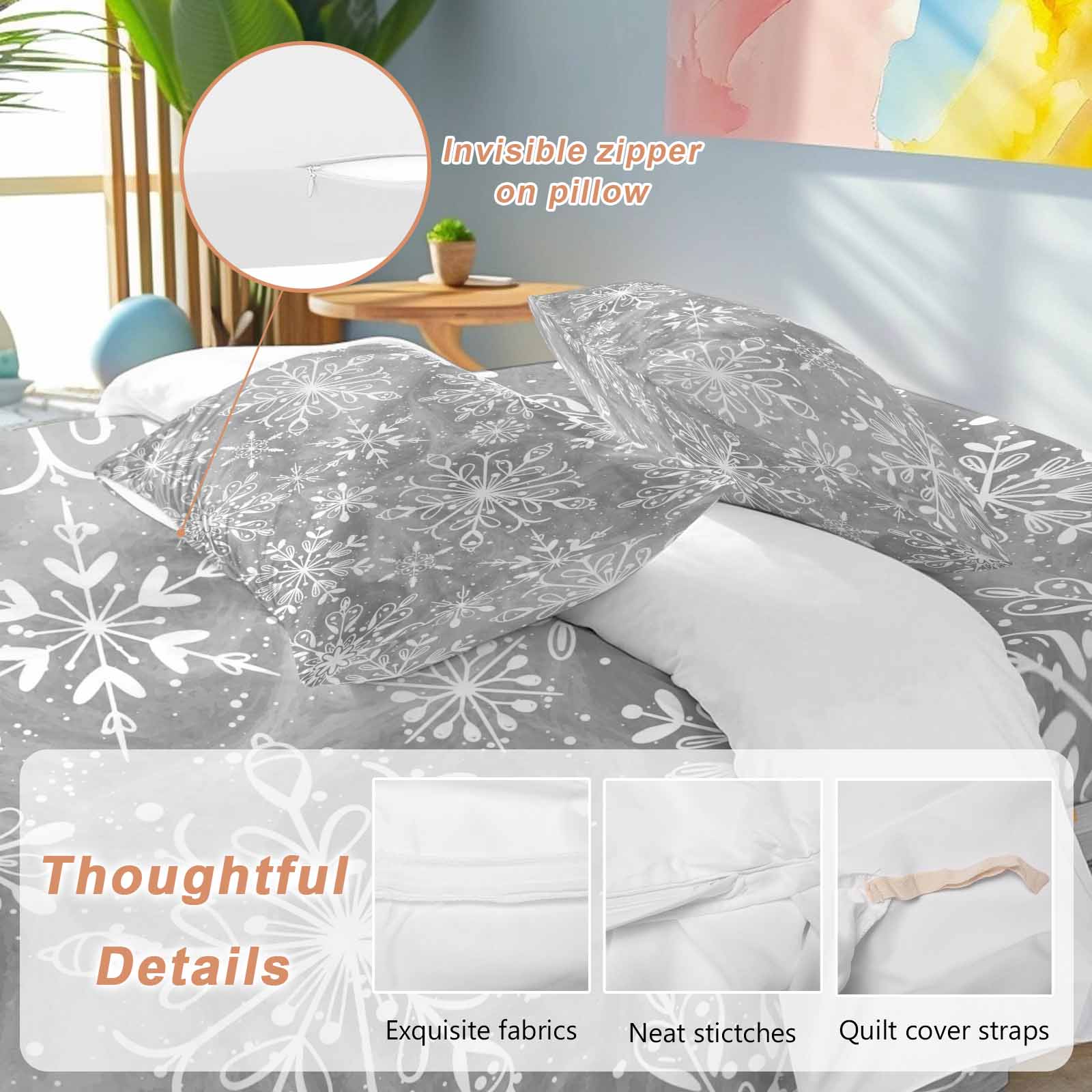 Winter Christmas Bedding Duvet Cover Set Twin Size 4 Pieces Watercolor White Snowflake Bedding Set with Zipper Closure, 1 Comforter Cover 68x86 Inches 1 Flat Sheet & 2 Pillow Cases