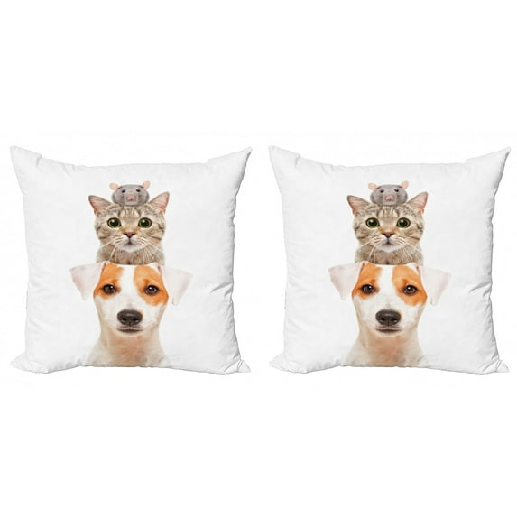 Animal Throw Pillow Cushion Cover Pack of 2, Funny Portrait of Pets on Top of Each Other Staring at Camera Cat Dog Mouse, Zippered Double-Side Digital Print, 4 Sizes, Taupe Peach, by Ambesonne