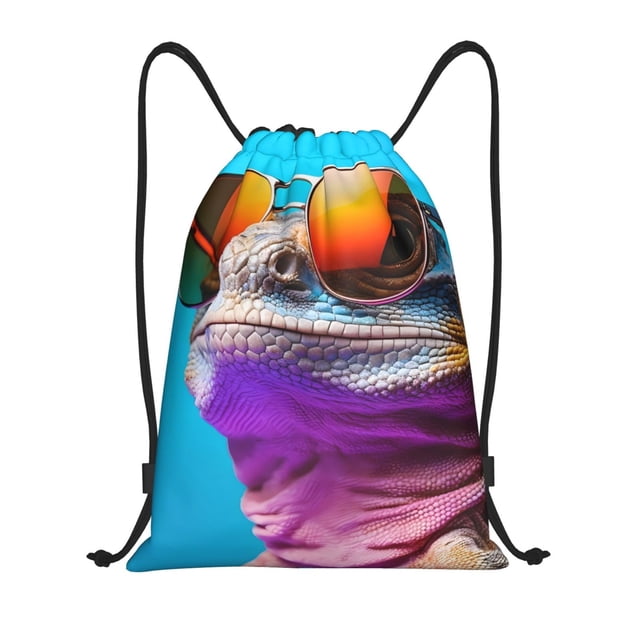 Saiise Lizard With Sunglasses Colorful Pattern Sports Drawstring Backpack - String Swim Gym Bag with Wet Proof Pocket for Women&Men-Small