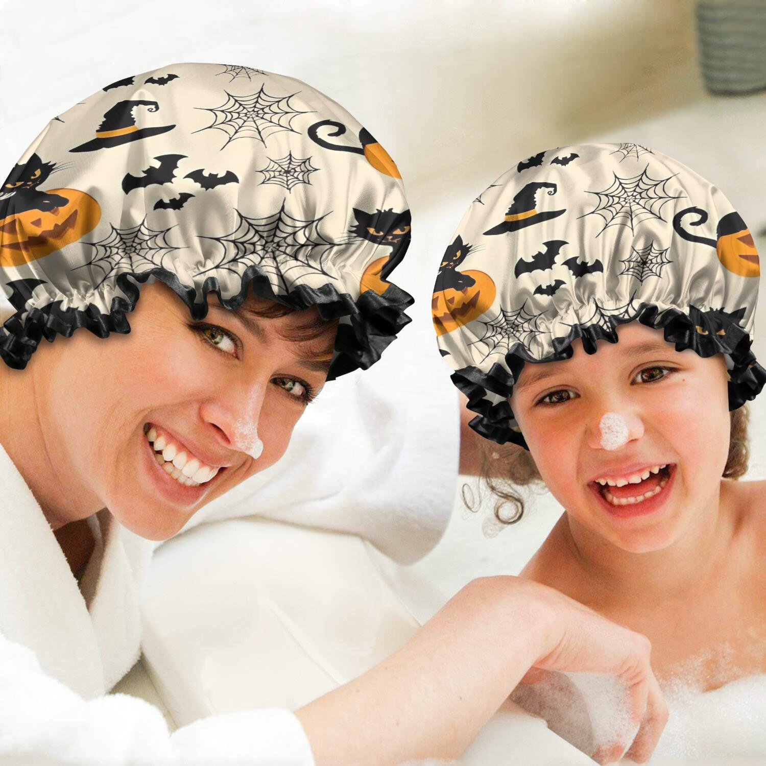 Shower Caps,Black Cat Pumpkin Halloween Pattern Waterproof Shower Cap for Women 4 Pieces,Double Reusable Hair Cover for Shower PEVA Elastic Stretch Hem
