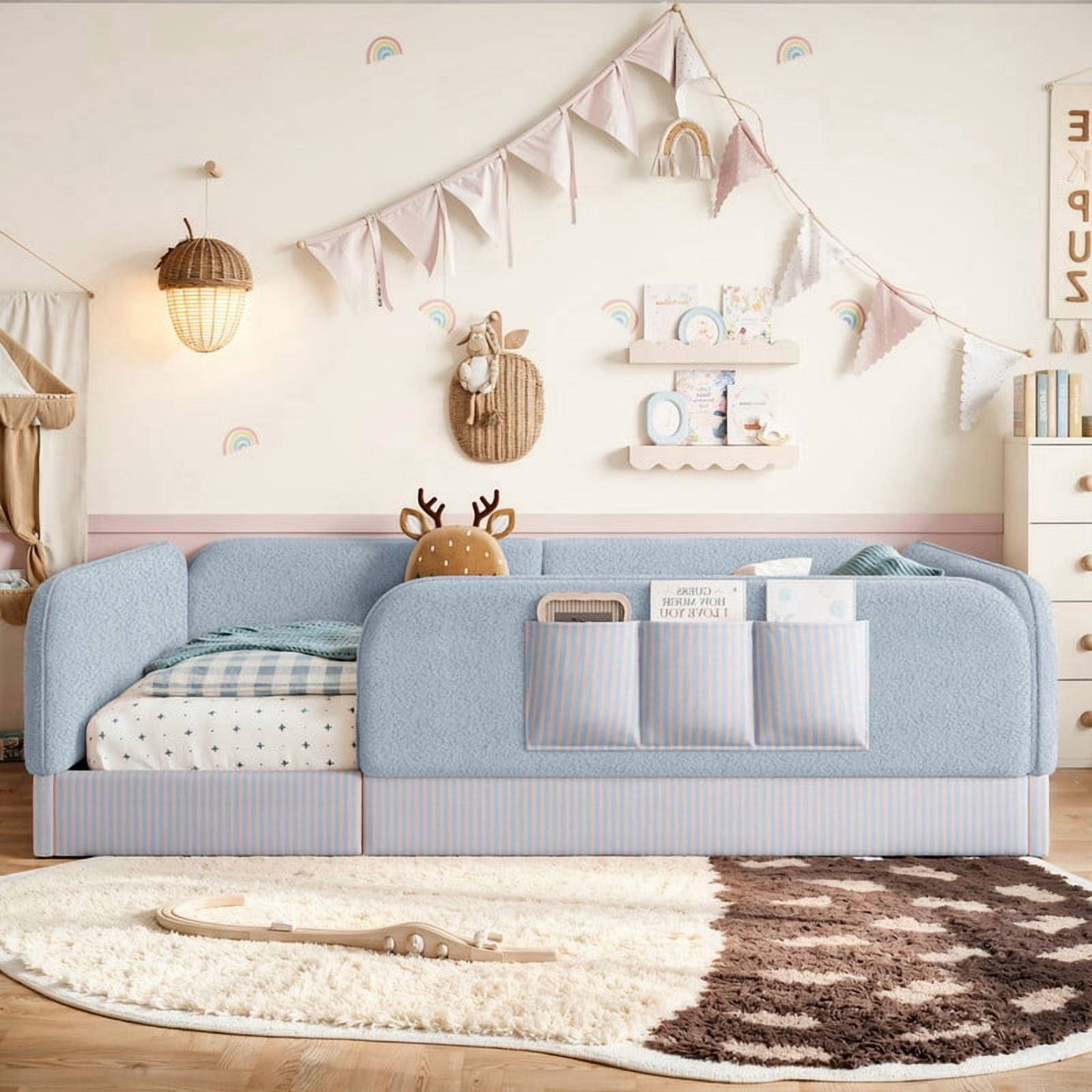 Queen Size Kid's Upholstered Floor Bed Frame, Montessori-Style Low Profile Platform Bed with Safety Guardrail & Storage Pockets