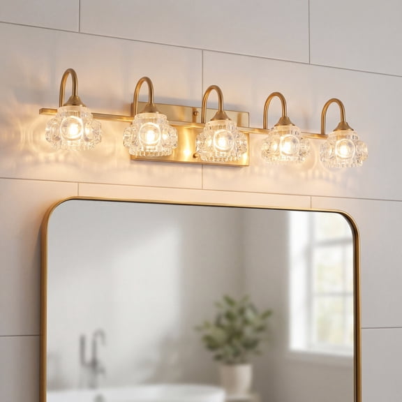 29" Modern 5-Light Gold Crystal Vanity Light with Clear Glass Shades, Elegant Bathroom Wall Sconce for Mirror or Powder Room (Bulbs Not Included)