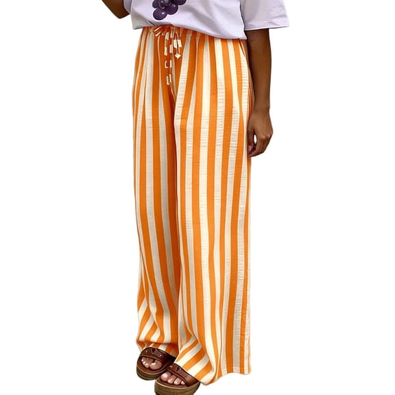 Dwellite Work Pants for Women Striped Harem Pants Baggy Casual Wide Leg Trousers Drawstring Boho Palazzo Pants with Pockets Orange XL