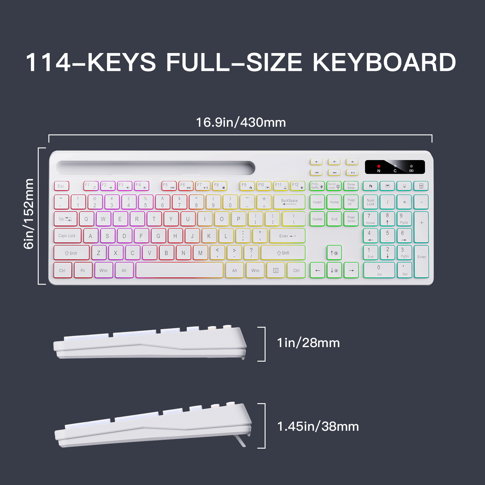 Wireless Keyboard with 7-Color RGB Backlit, Marvo Full-Size Computer Keyboard with Phone Tablet Holder, Rechargeable 2.4G Wireless Gaming Keyboard with Light up Keys, Compatible with Mac,Window,White