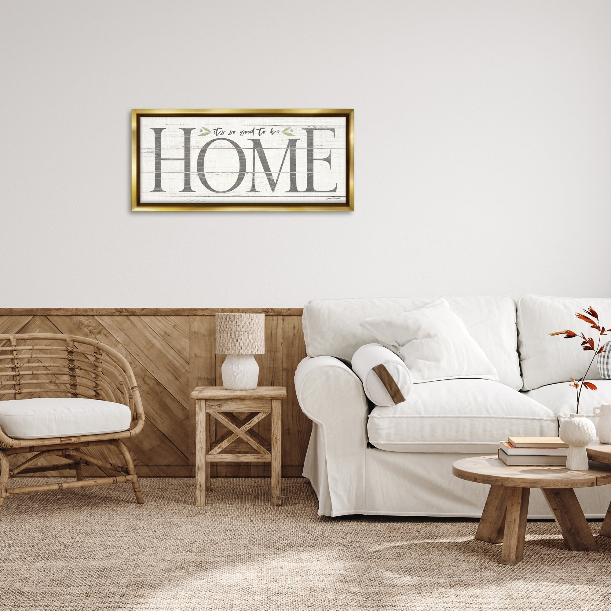 Stupell Industries Good To Be Home Family Inspirational Typography Painting Gold Floater Framed Canvas Art Print Wall Art, 31 x 14