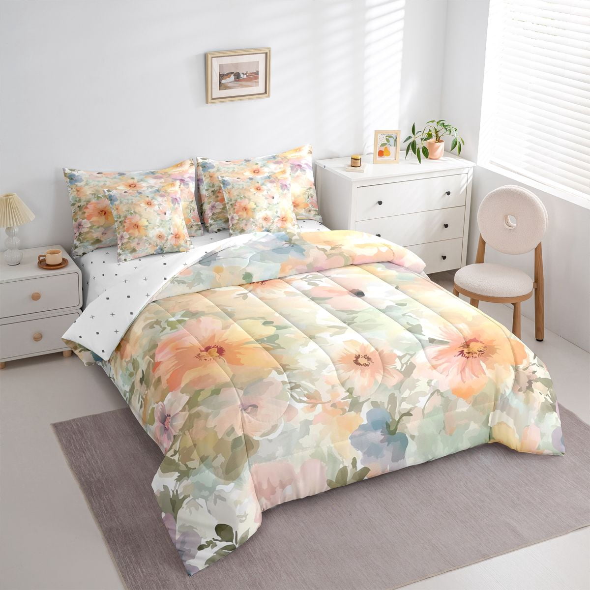 Homewish Spring Flower 7-Piece Twin Bedding Sets,Oil Painting Aesthetic Bedding Comforter Set,Beige Pink Sheet Sets For Girl Kids,Breathable Home Decor Reversible