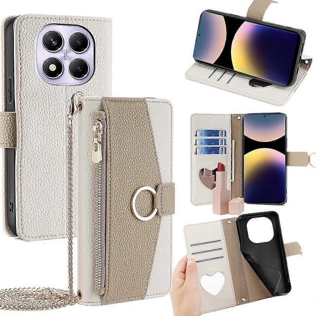For Xiaomi Redmi Note 14 Pro 4G Case Mirror Wallet Leather Phone Cover with Chain Shoulder Strap - G