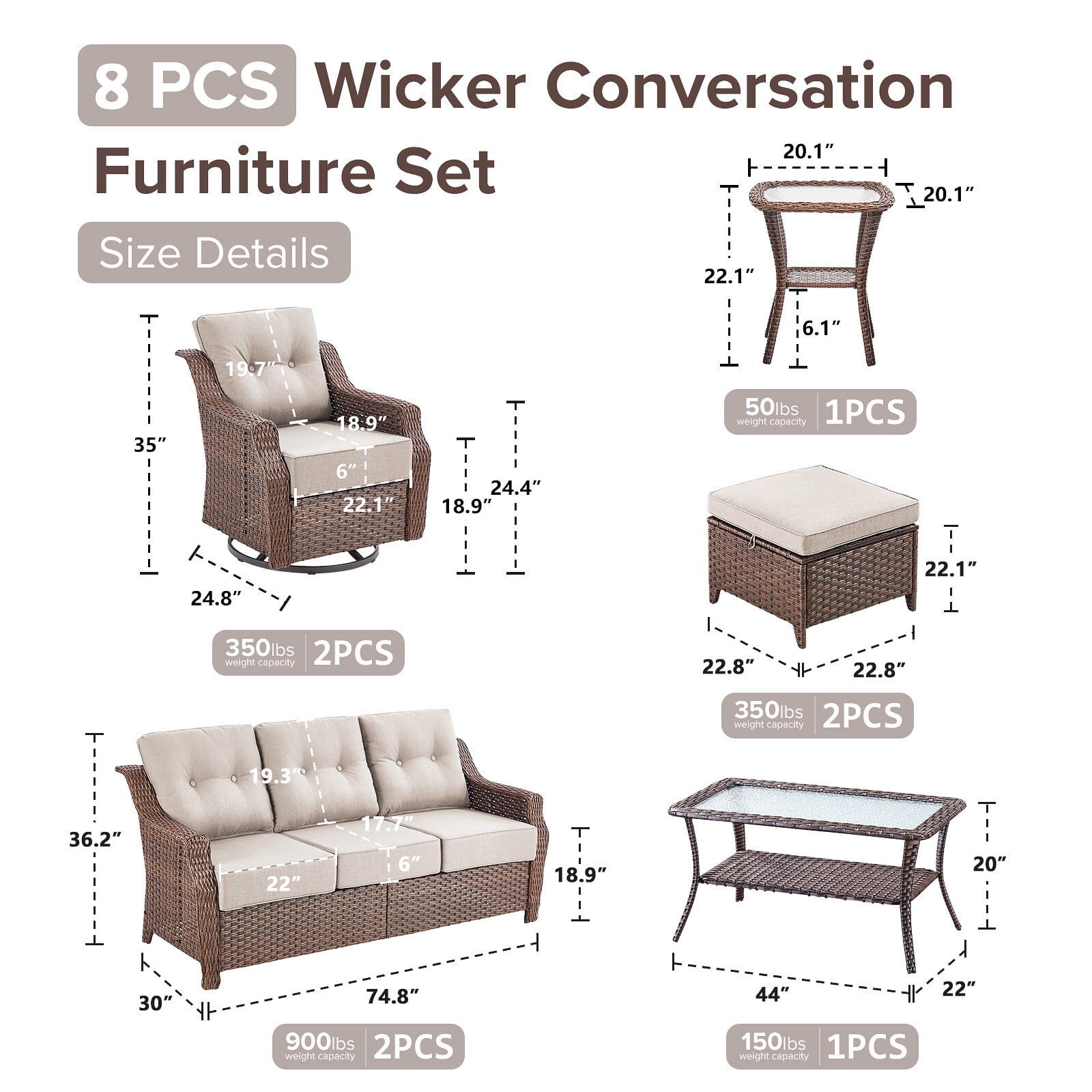 Bellefurn Outdoor Patio Furniture Set with 6 inch Thick Cushion and Swivel Rocker Chairs,Wicker Sofa,Coffee Table and Ottomans,8 PCS Outdoor Conversation Set for Porch,Deck,Yard