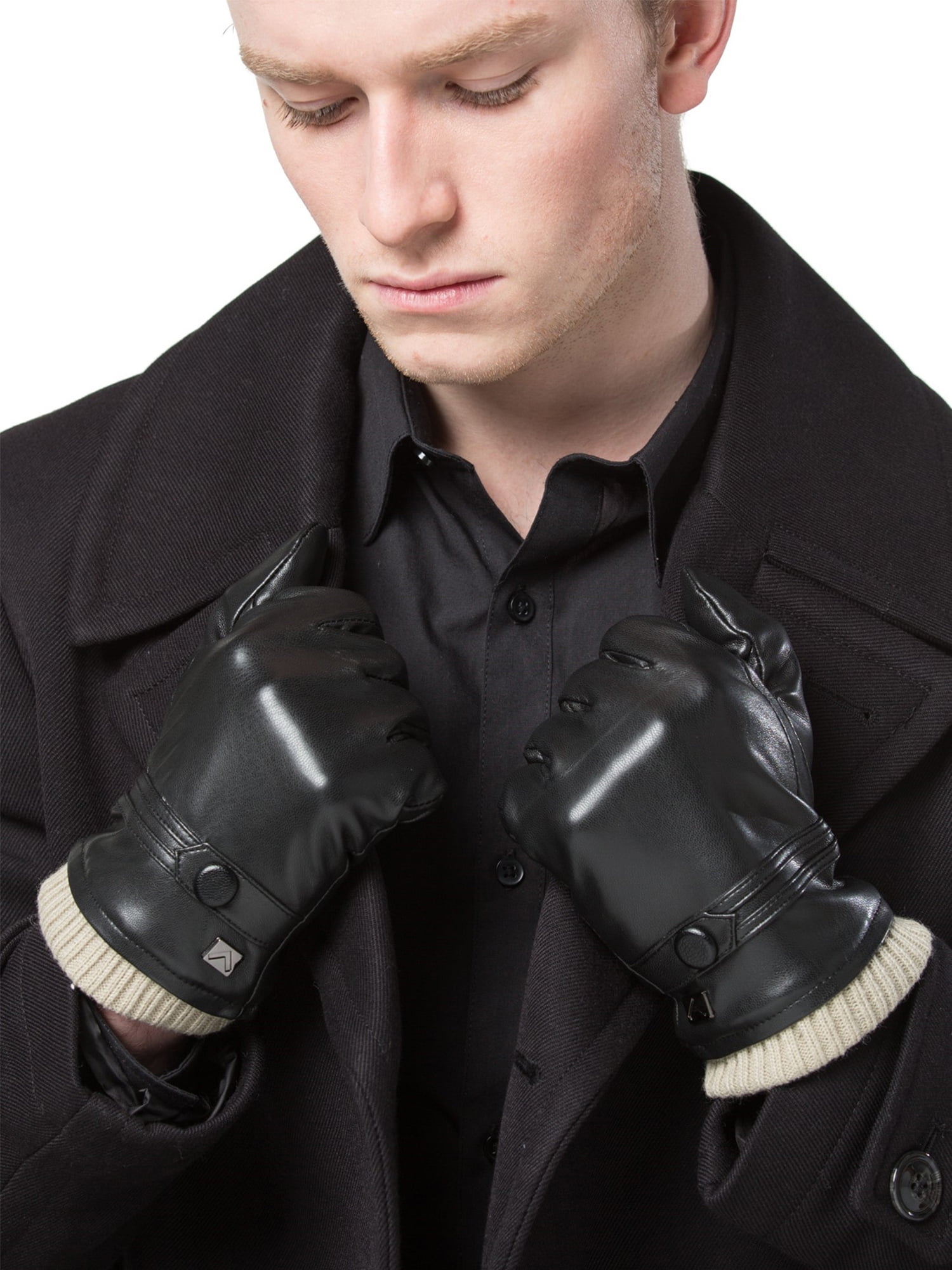Men/'s Genuine Leather Goat Skin Wrist Button Winter Warm Touch Screen Gloves