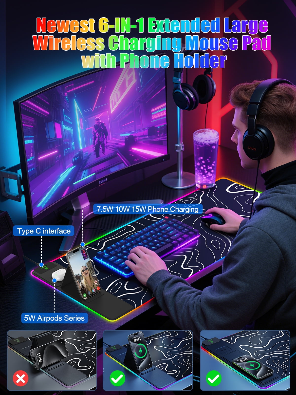 Miroddi Wireless Charging RGB Mouse Pad, 31.5"x15.75" Large Desk Pad Rubber, 15W Fast Charging LED Desk Mat for iPhone Airpods Gaming Home Office