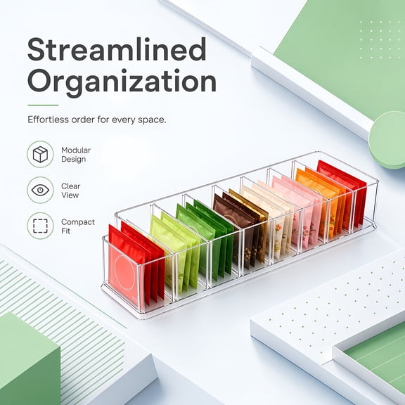 2-Pack Clear Acrylic Storage Organizer, 8 Compartments with Removable Dividers, No Lid, for Tea Bags, Coffee Pods & Desktop Supplies