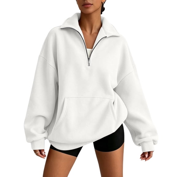 vdgthytj Sweatshirts for Women Long Sleeve Lapel Collar Quarter Zip Oversized Drop Shoulder Fashion Fall Athleisure Pullover Tops with Pocket(X-Large,White)
