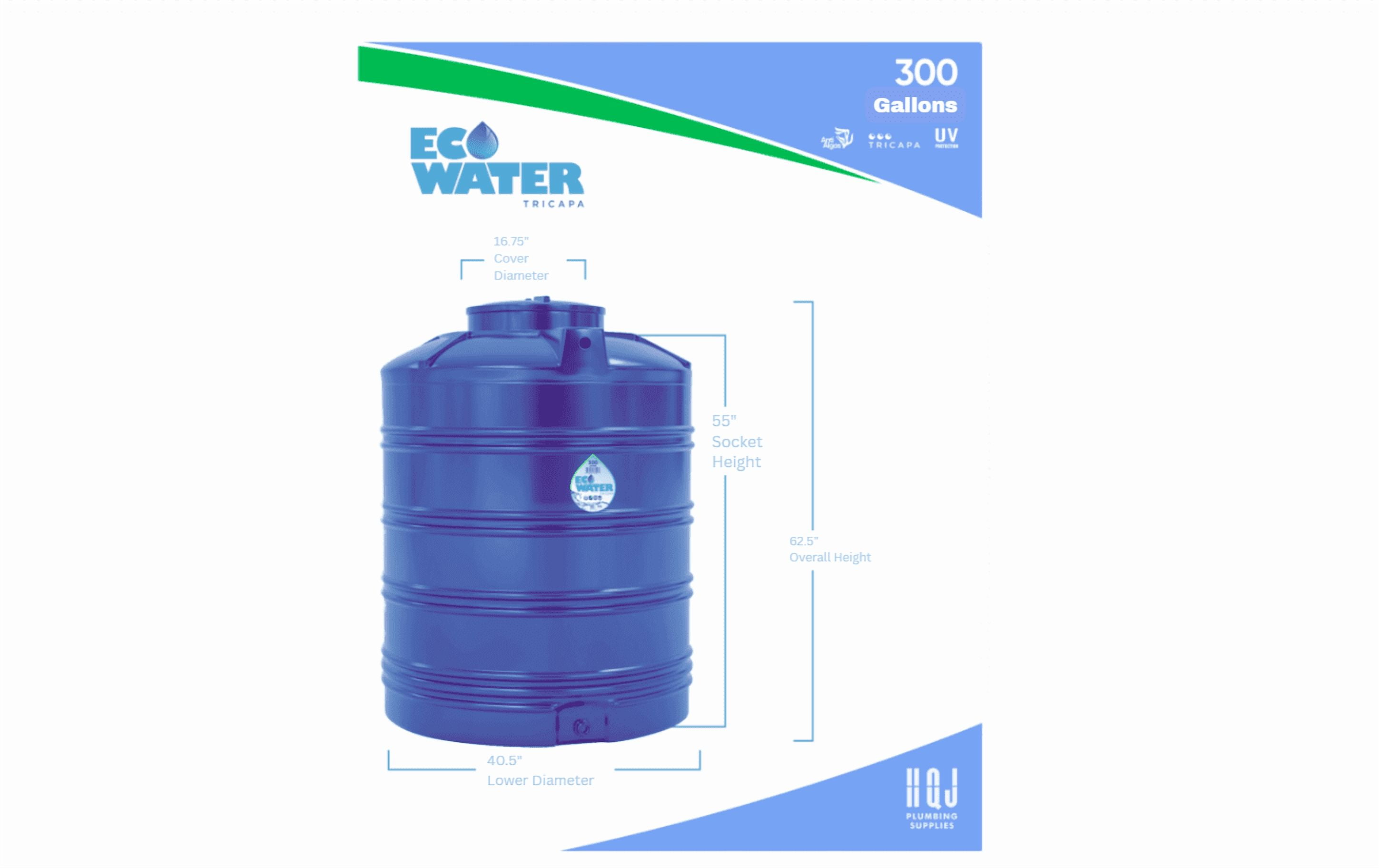 Eco Water 300 Gallons Blue Color Water Tank, Weight in 2490 Pounds